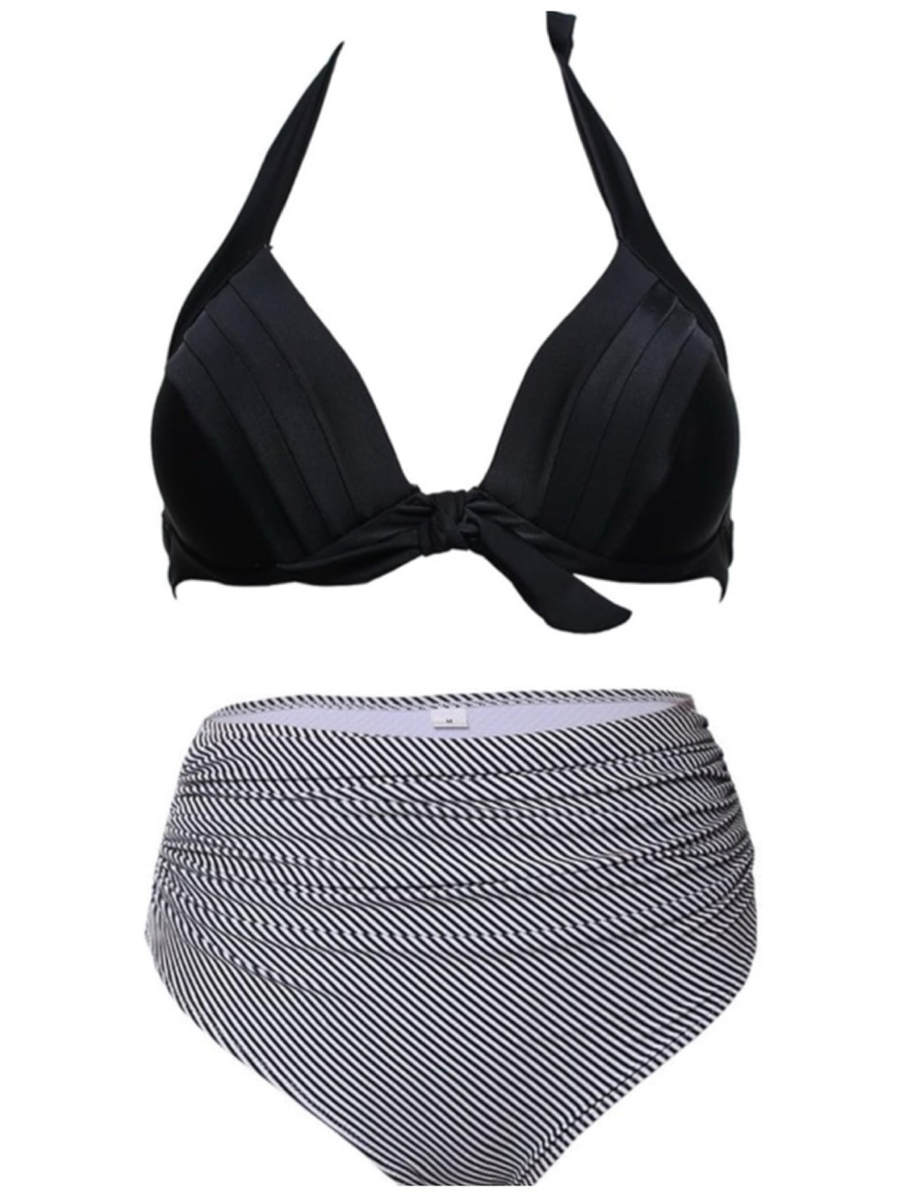 Black Halter Bikini Top with High-Waist Striped Bottom - Women Swim
